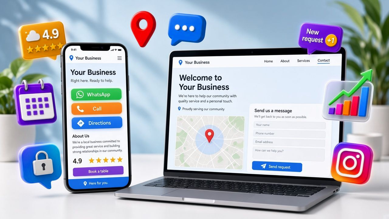 Business website on a laptop and phone with WhatsApp, call, map and booking buttons, Google reviews and Instagram